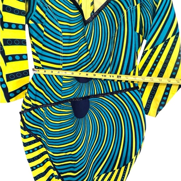 Asymmetrical African Print Yellow & Blue Long Sleeve Dress with Front Cutout - Picture 7 of 9